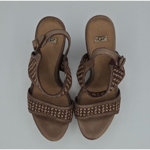 UGG ASSIA CHOCOLATE LEATHER STRAPPY WEDGE HEELS, WOMEN US 7.5/ EUR 38.5 - Picture 5 of 11